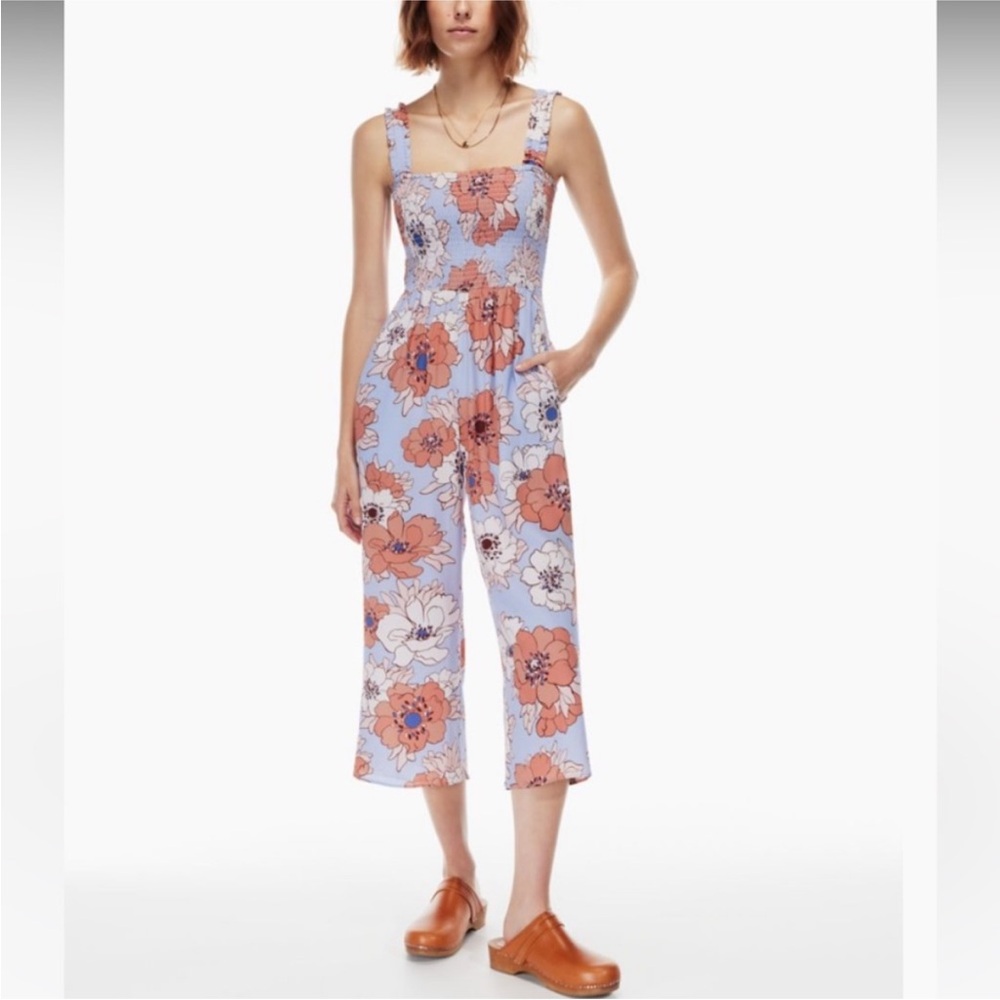 Aritzia Wilfred Chianti Wide Leg Smocked Ruffle Floral Jumpsuit